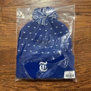 Blue Knit Beanie with Pom Pom and New York Times Logo